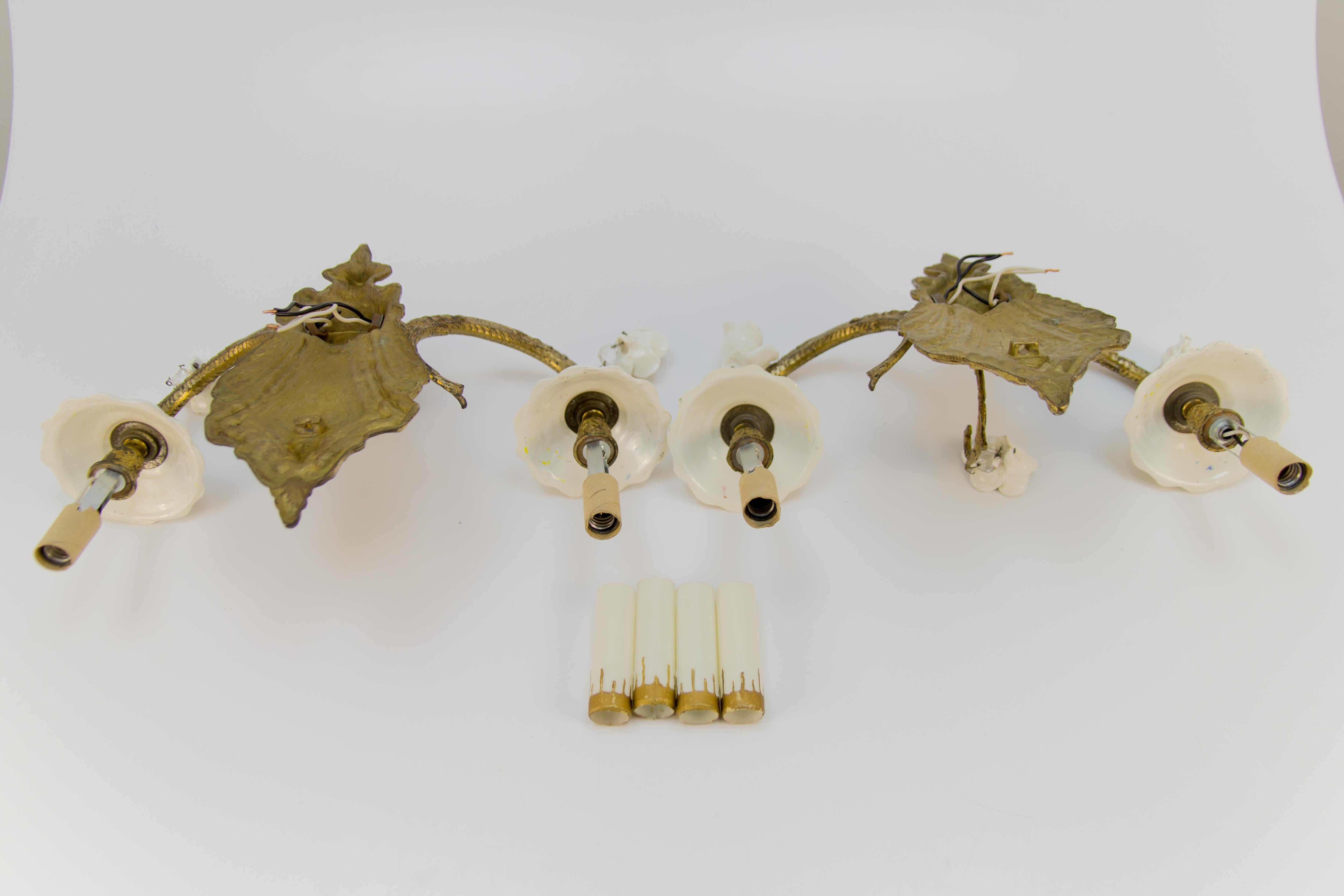 Pair of Italian Two-Light Bronze and Porcelain Floral Sconces 13