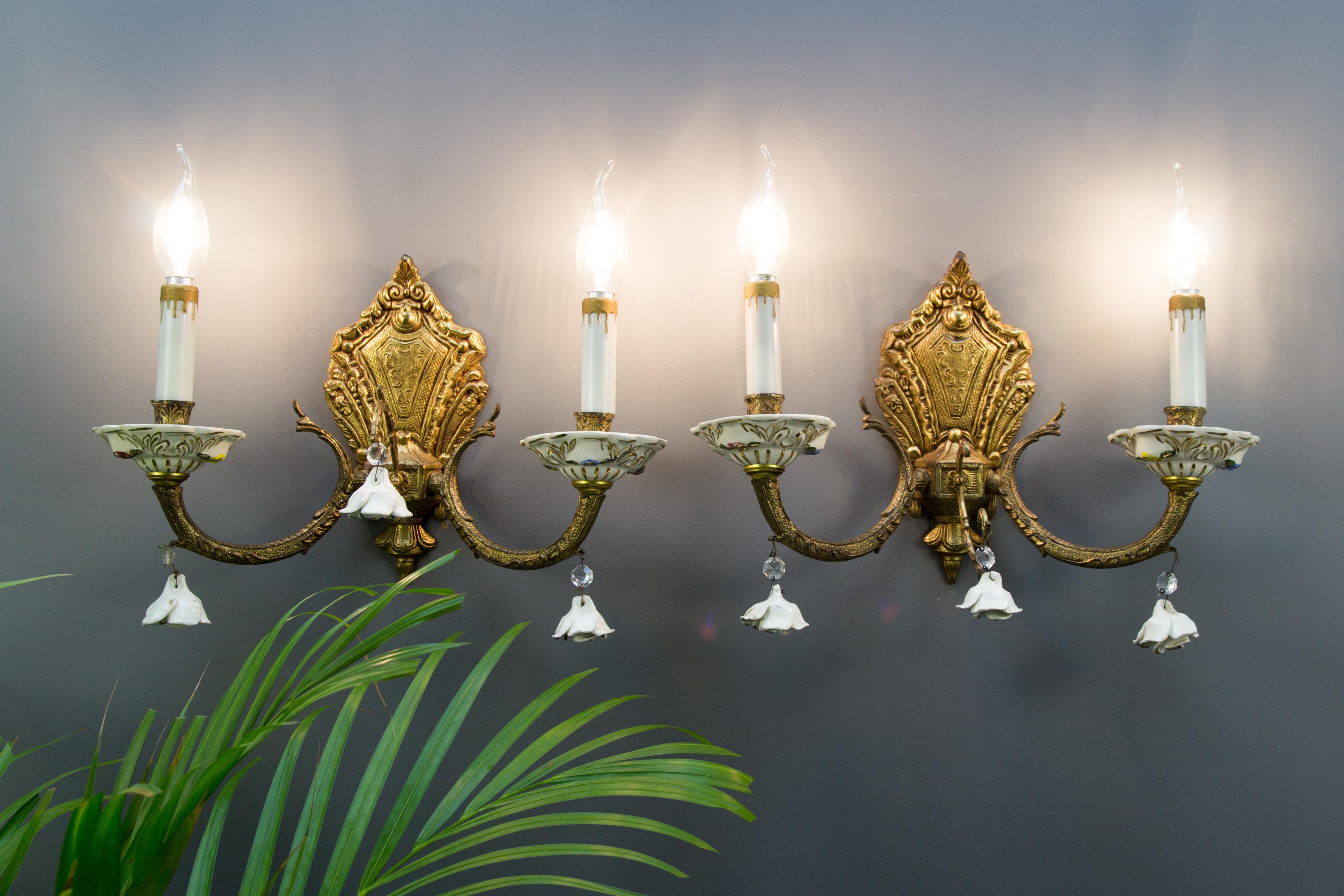 Neoclassical Pair of Italian Two-Light Bronze and Porcelain Floral Sconces