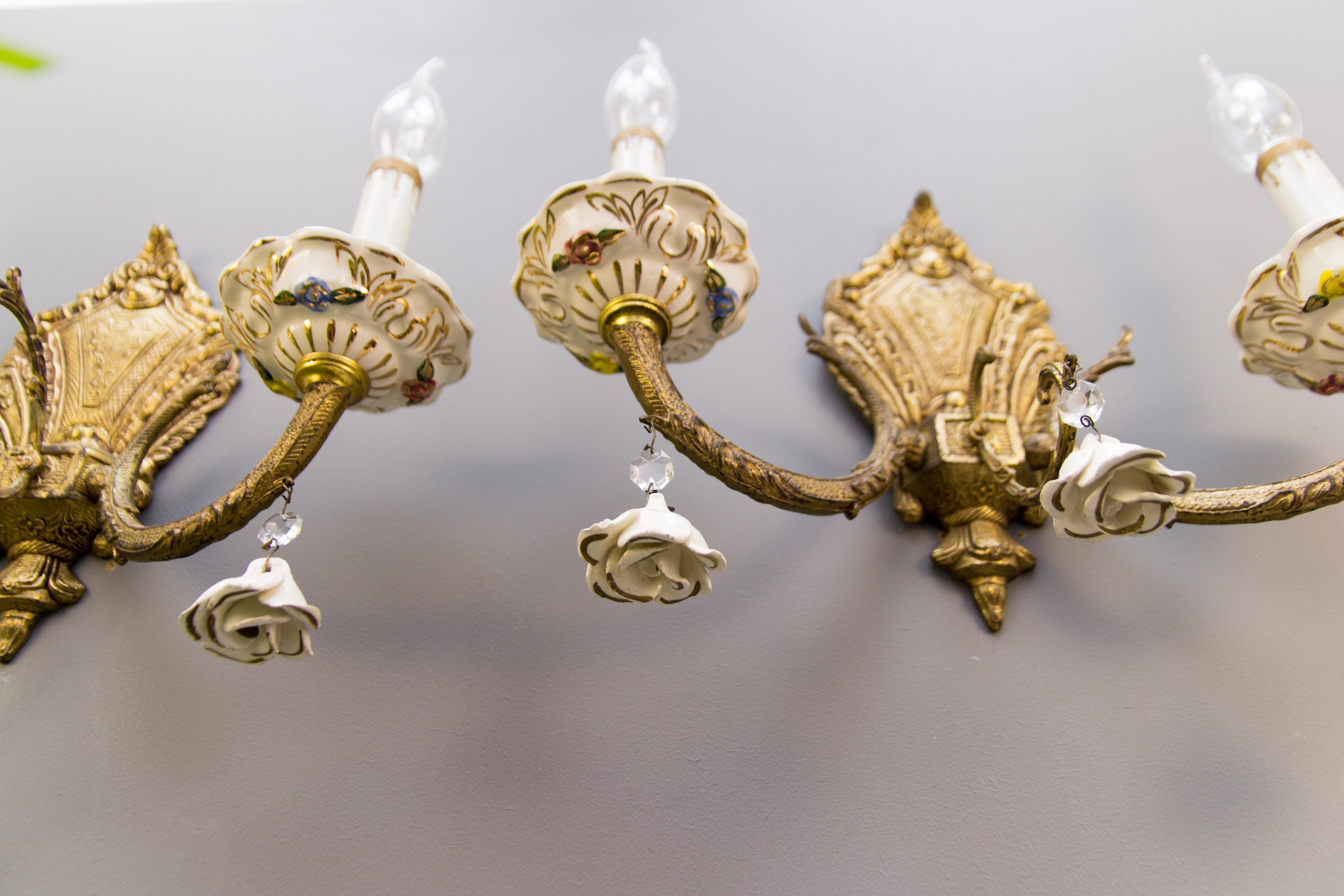 20th Century Pair of Italian Two-Light Bronze and Porcelain Floral Sconces