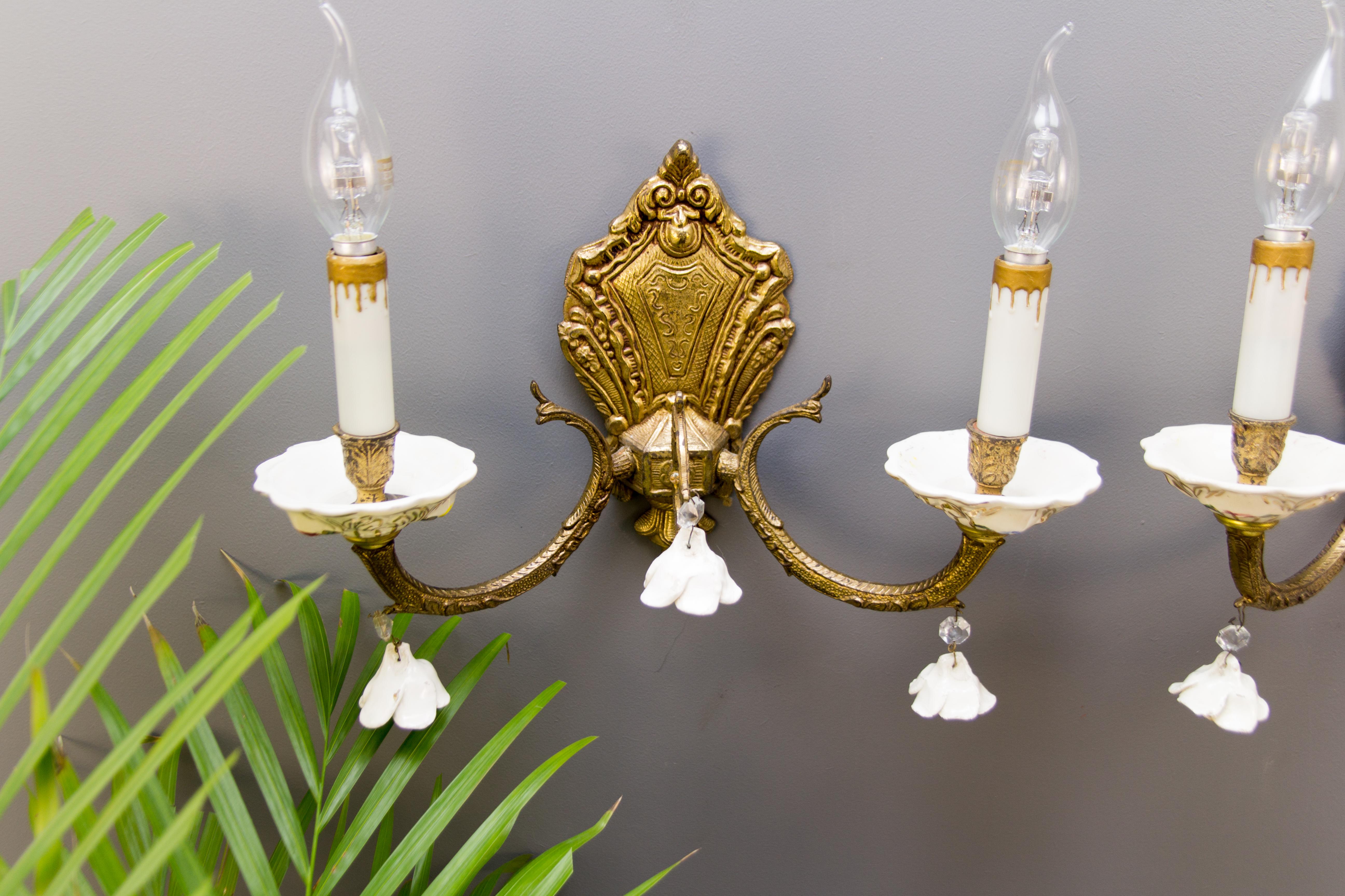 Pair of Italian Two-Light Bronze and Porcelain Floral Sconces 3