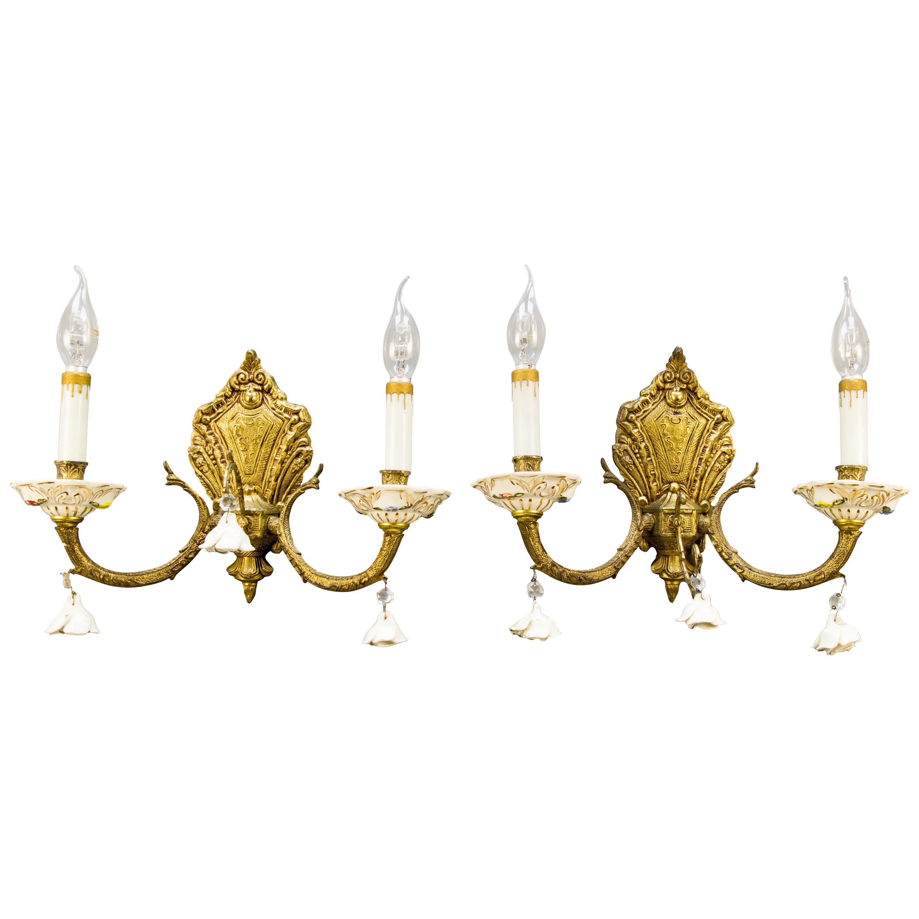 Pair of Italian Two-Light Bronze and Porcelain Floral Sconces