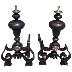 Pair of Italian Bronze and Wrought Iron Flanking Urn Finial Andirons, Circa 1830