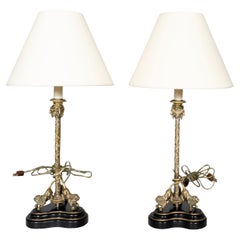 Pair Of Italian Bronze Candlestick Table Lamps with Mounted Lions