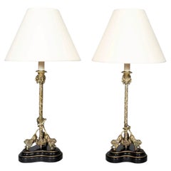 Pair Of Italian Bronze Candlestick Table Lamps with Mounted Lions