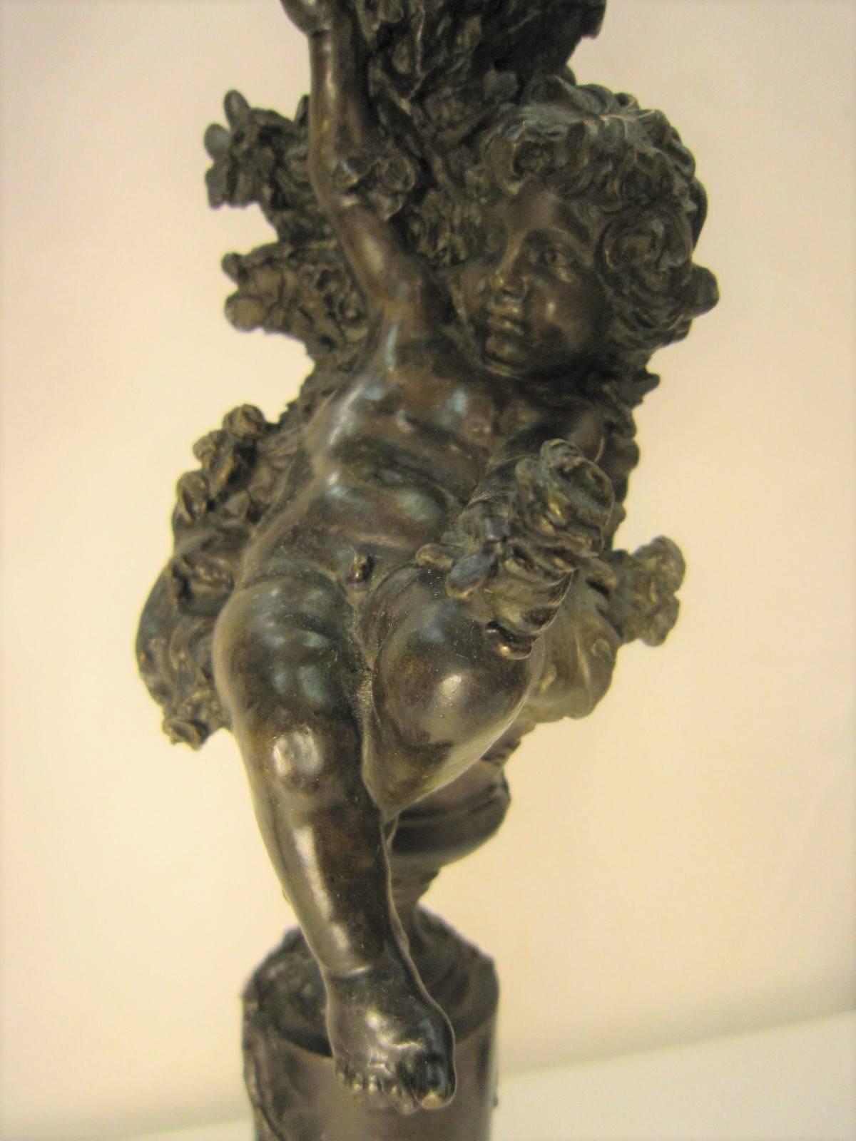 Baroque Revival Pair of Italian Bronze Cherub/ Putti Candlesticks For Sale