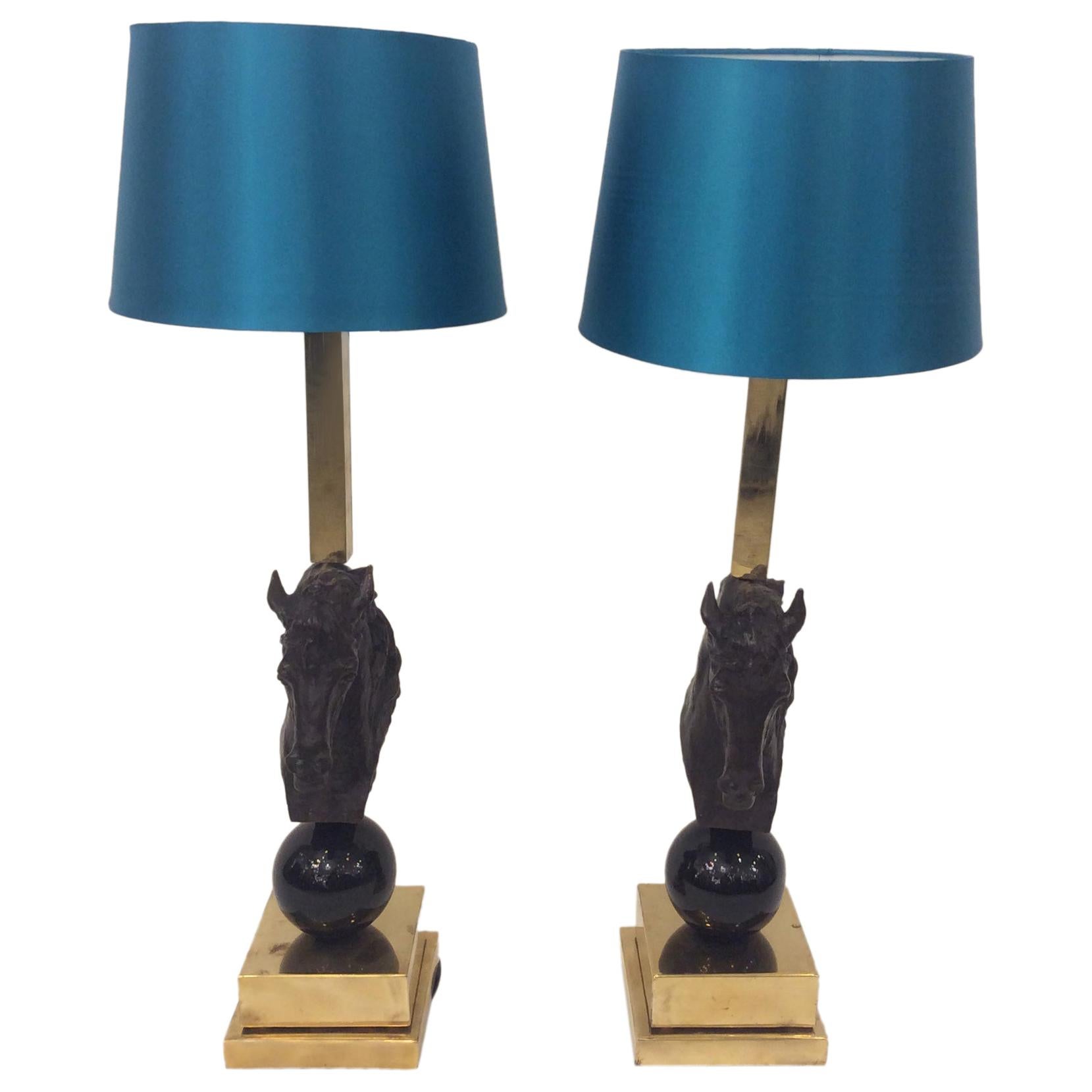 Pair of Italian Horse Heads Table Lamps Brass and Murano Glass, 1980