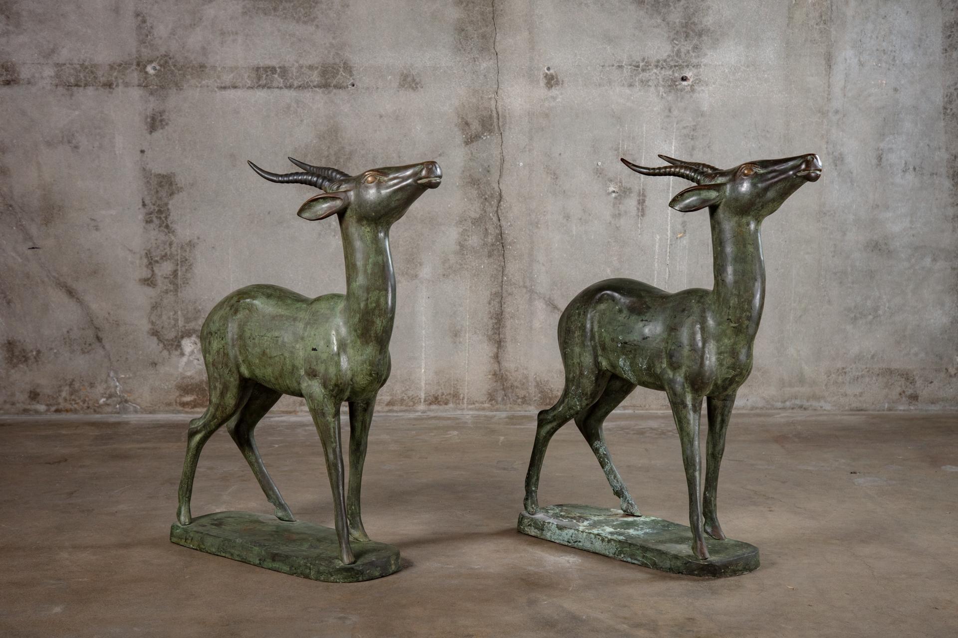 Pair of Italian Bronze Standing Deer In Fair Condition For Sale In Los Angeles, CA