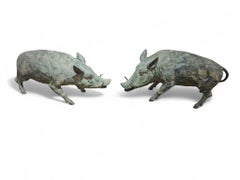 Pair of Italian Bronze Warthog Sculptures with Green Patina, 1950s