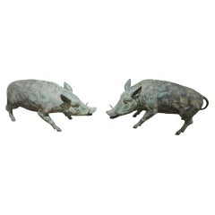 Pair of Italian Bronze Warthog Sculptures with Green Patina, 1950s