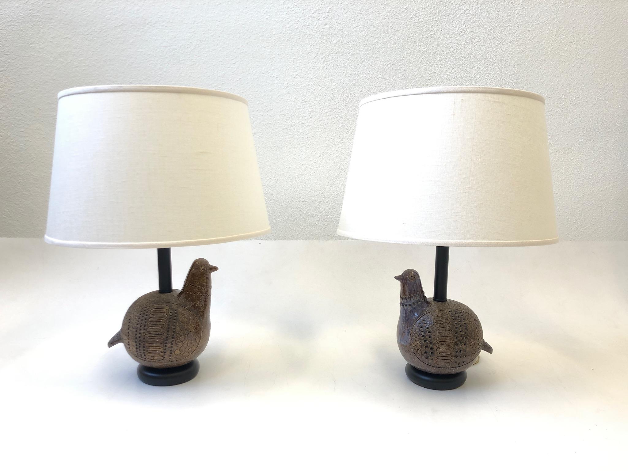 Pair of Italian Brown Ceramic Birds Table Lamps by Bitossi 5