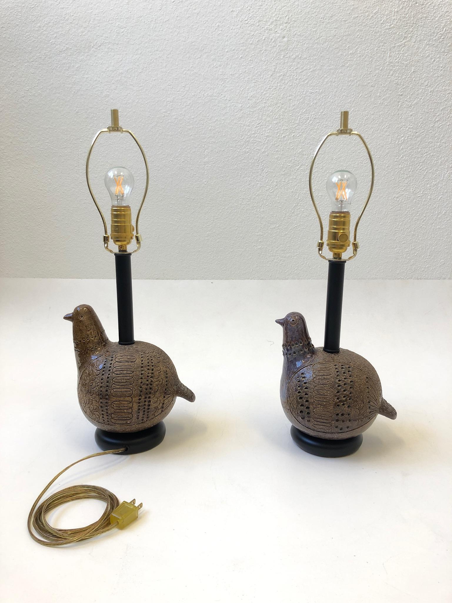 Metal Pair of Italian Brown Ceramic Birds Table Lamps by Bitossi