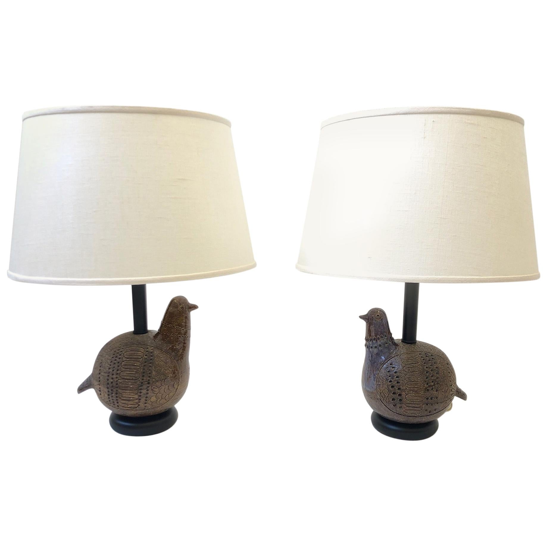 Pair of Italian Brown Ceramic Birds Table Lamps by Bitossi