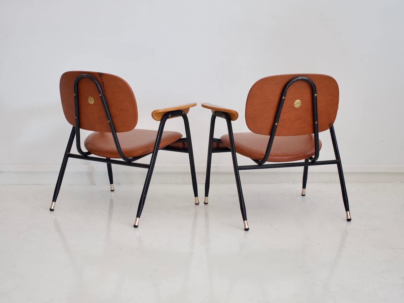 Pair of Italian Brown Leather and Black Painted Metal Chairs For Sale at 1stDibs