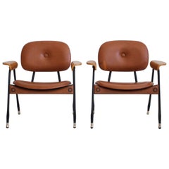 Pair of Italian Brown Leather and Metal Chairs