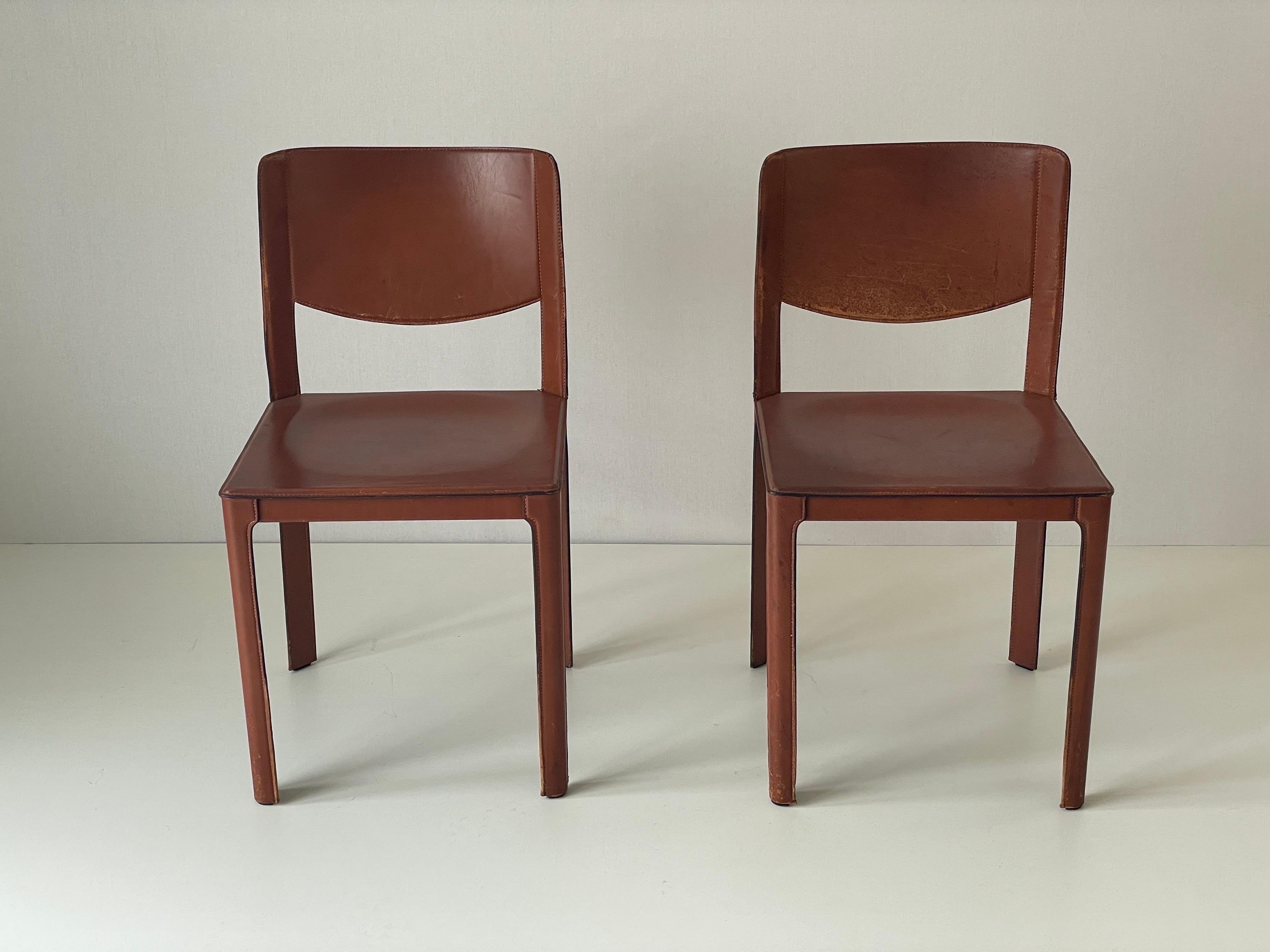 Mid-Century Modern Pair of Italian Brown Leather Chairs by Matteo Grassi, 1970s, Italy For Sale