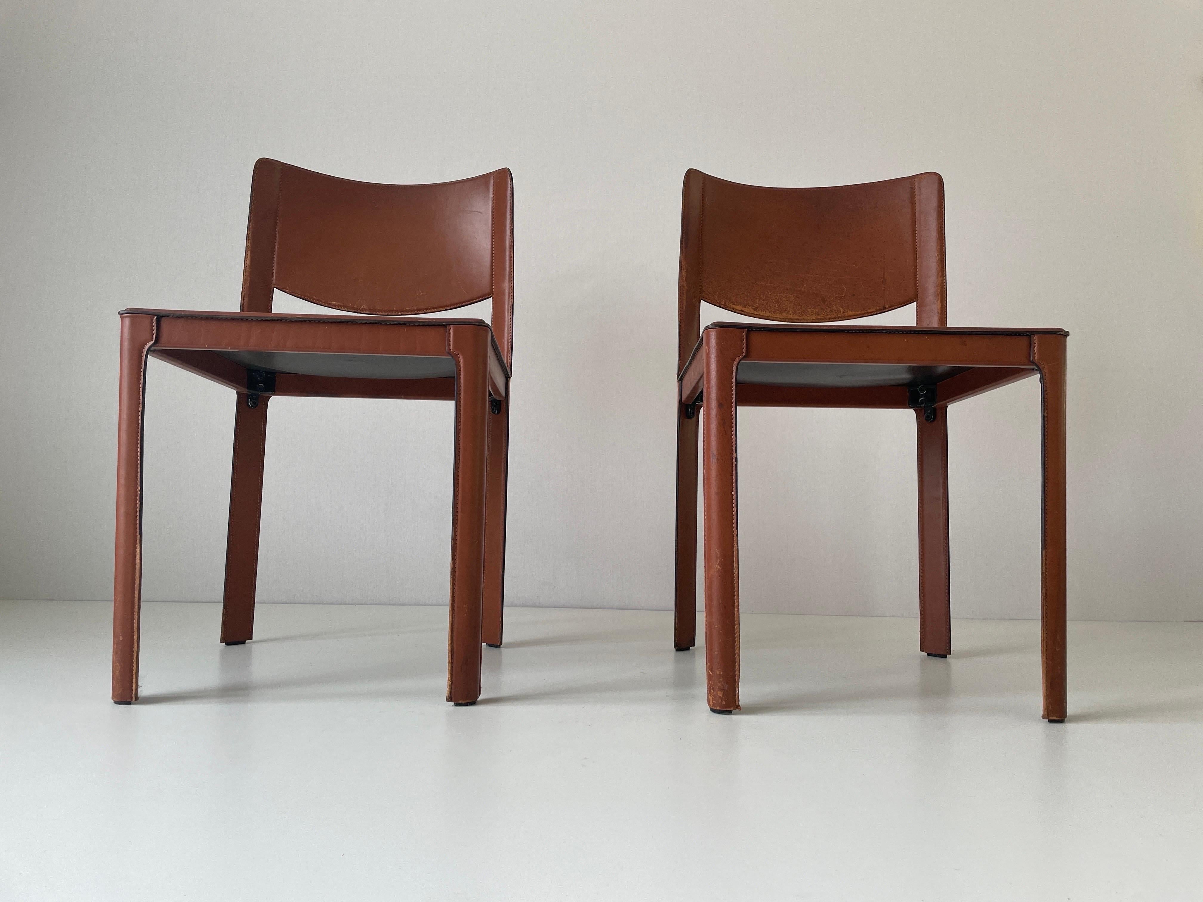 Fin du 20e siècle Paire de chaises italiennes en cuir Brown par Matteo Grassi, années 1970, Italie en vente