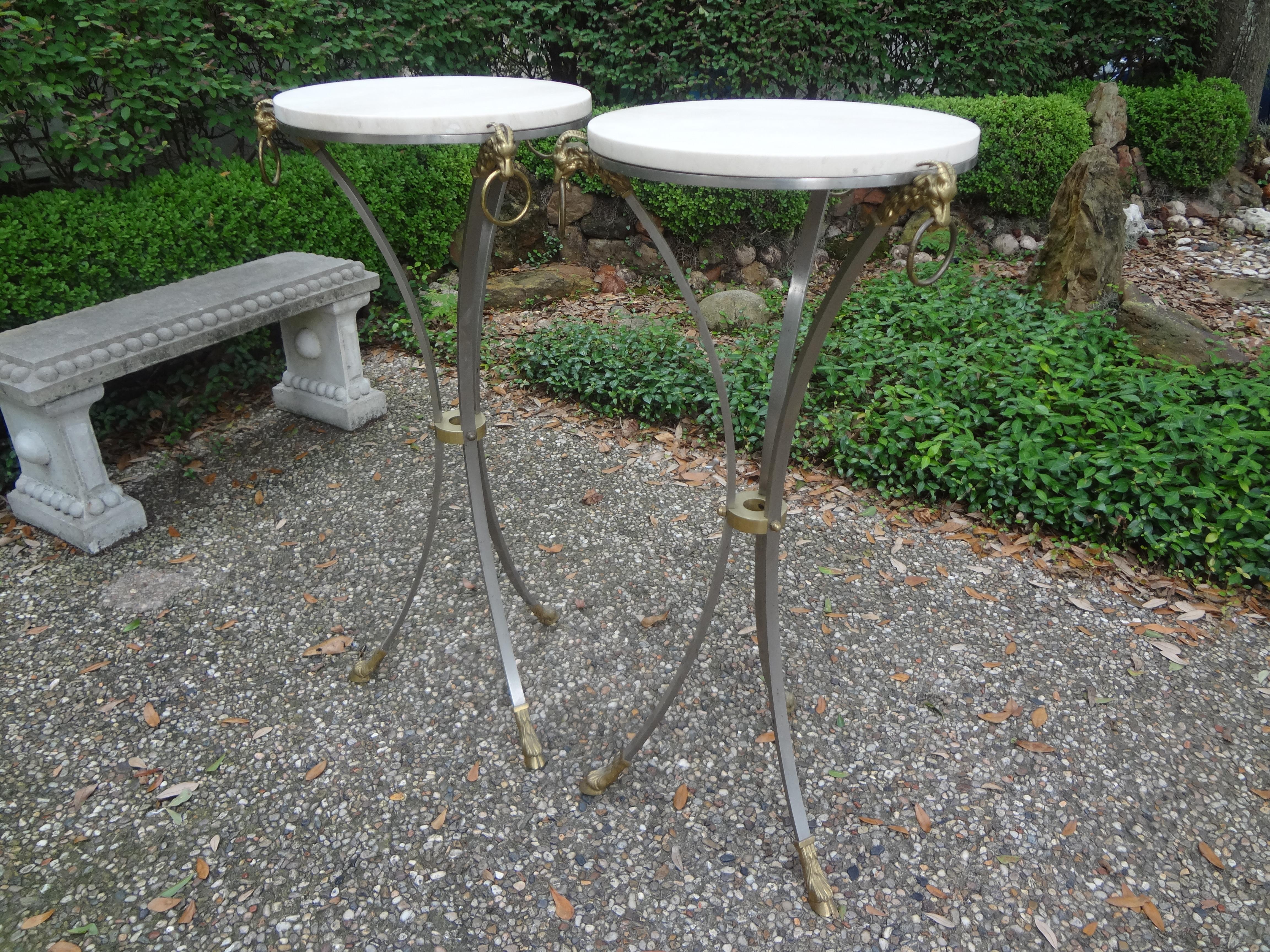 Pair of Italian Brushed Steel and Brass Pedestals with Travertine Tops For Sale 5