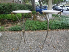 Pair of Italian Brushed Steel and Brass Pedestals with Travertine Tops