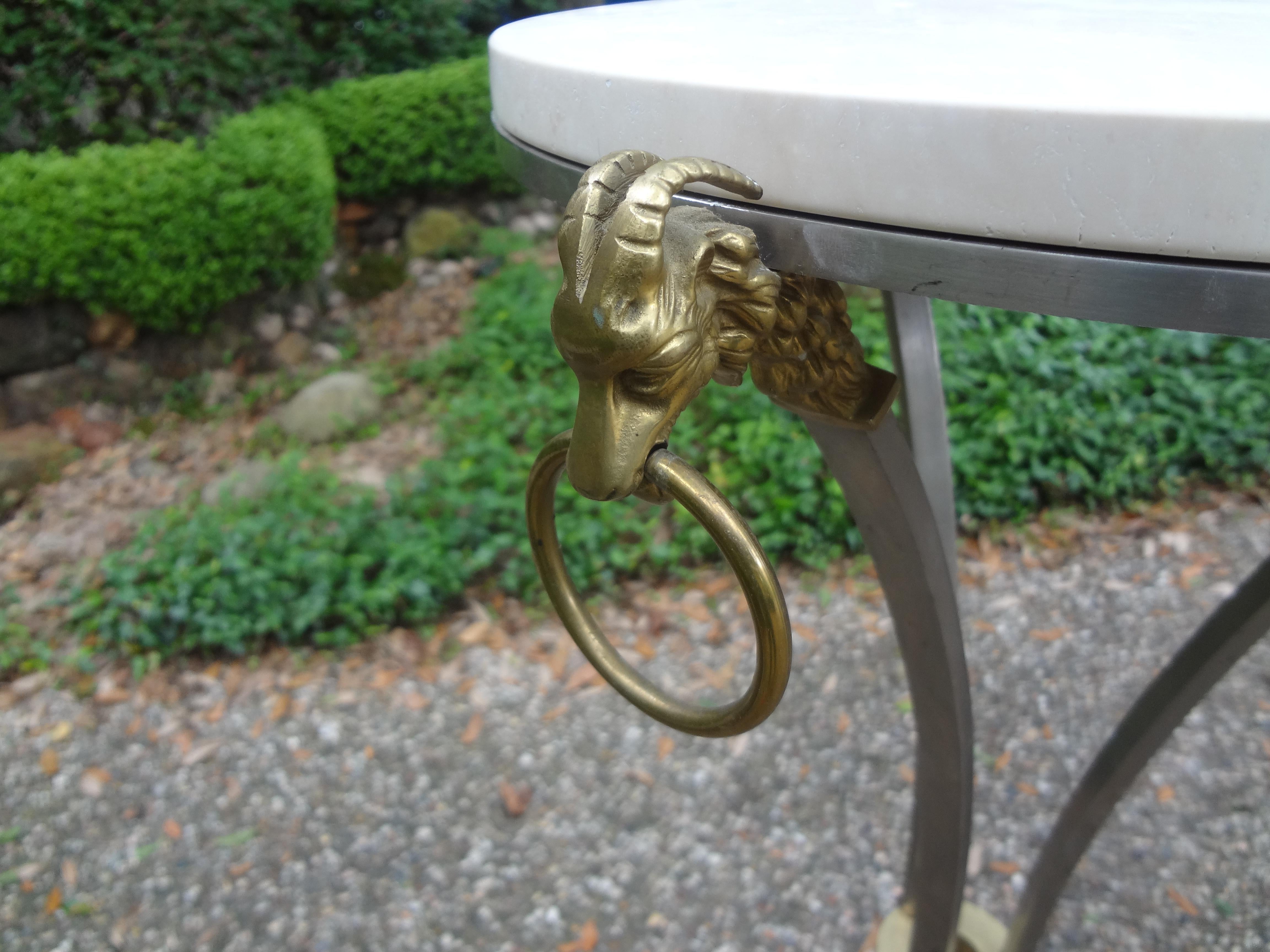 Pair of Italian Brushed Steel and Brass Pedestals with Travertine Tops In Good Condition For Sale In Houston, TX