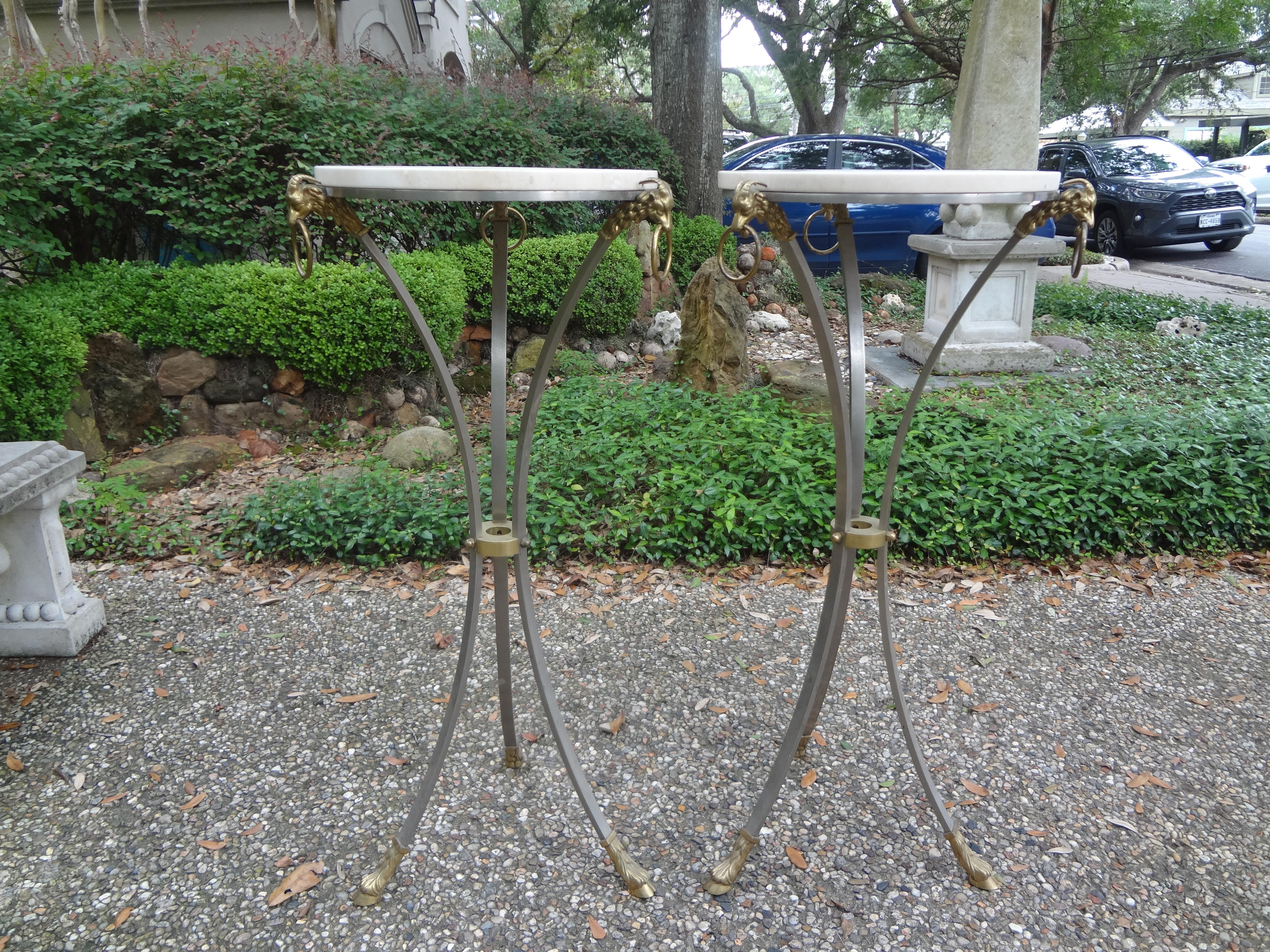 Pair of Italian Brushed Steel and Brass Pedestals with Travertine Tops For Sale 3