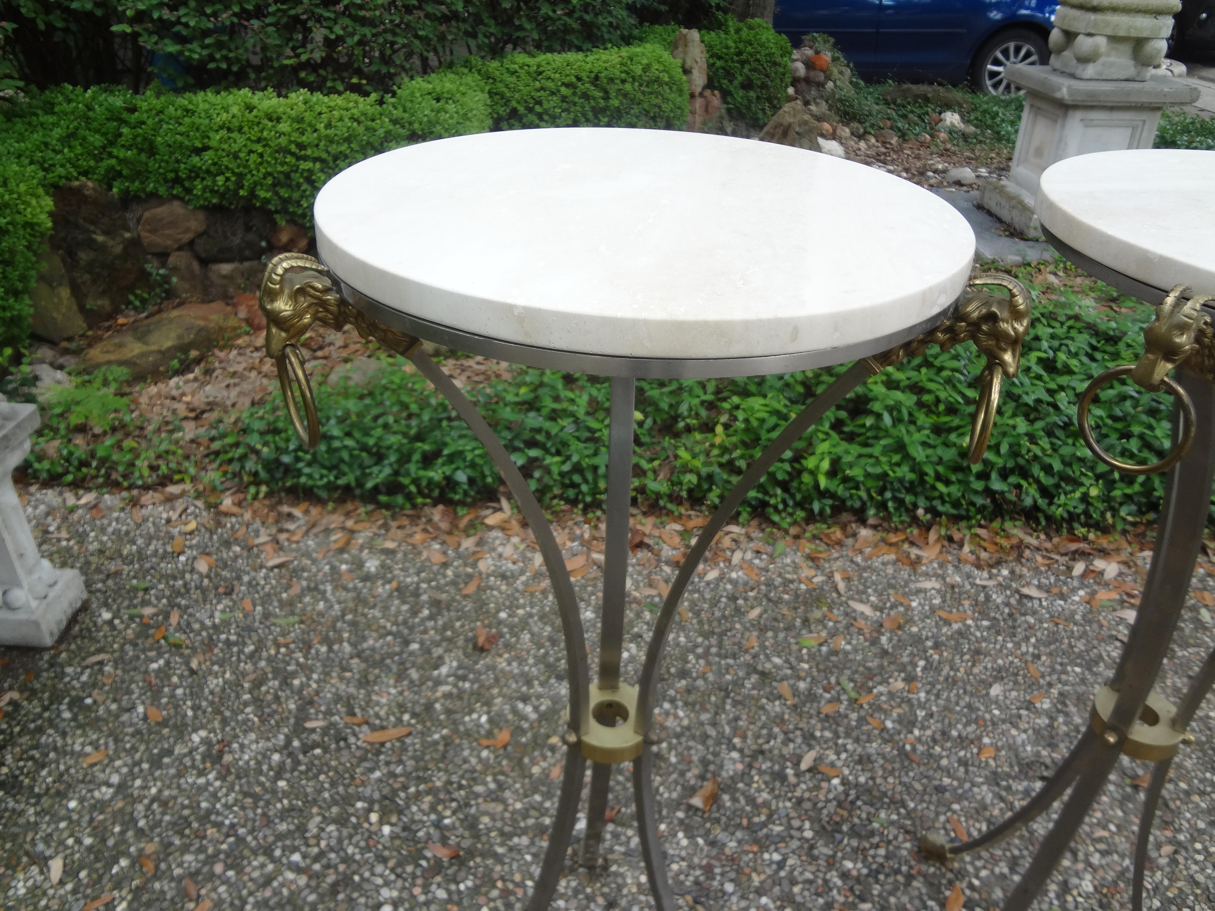 Pair of Italian Brushed Steel and Brass Pedestals with Travertine Tops For Sale 4