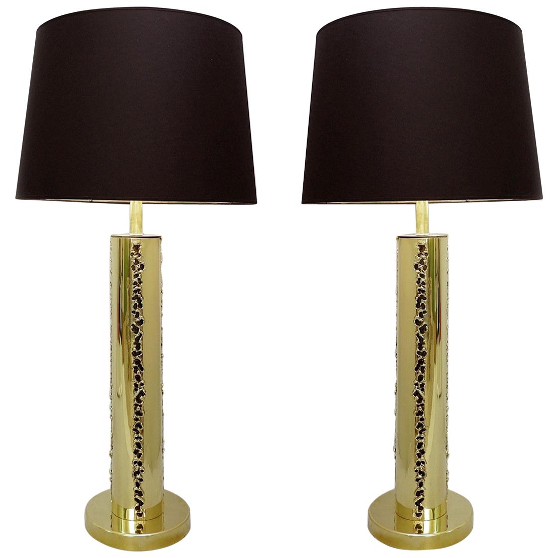 Pair of Italian Brutalist Brass Table Lamps For Sale
