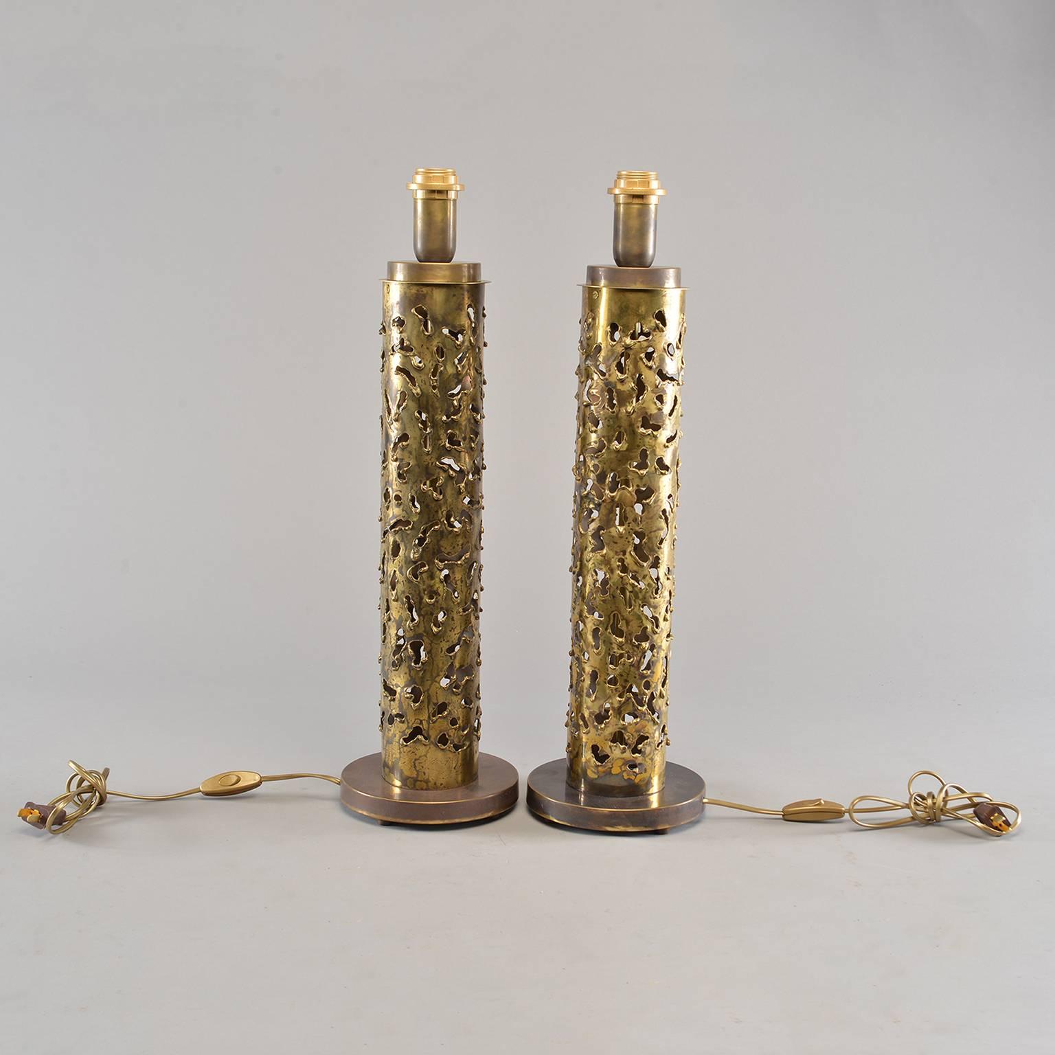 Pair of Italian Brutalist Style Torch Cut Brass Tall Narrow Lamps For Sale 1