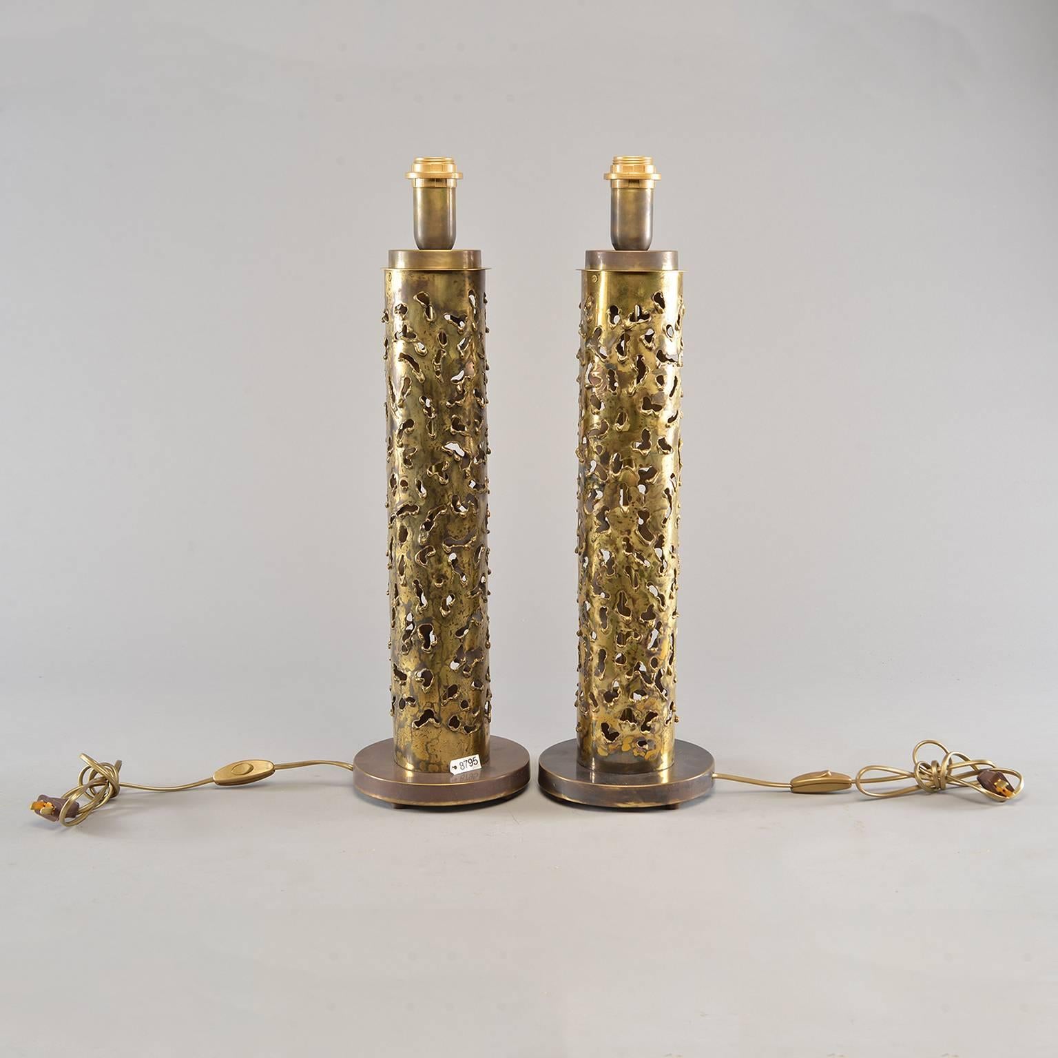 Pair of Italian Brutalist Style Torch Cut Brass Tall Narrow Lamps For Sale 2