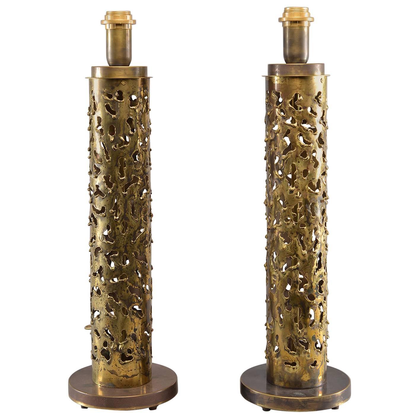 Pair of Italian Brutalist Style Torch Cut Brass Tall Narrow Lamps For Sale