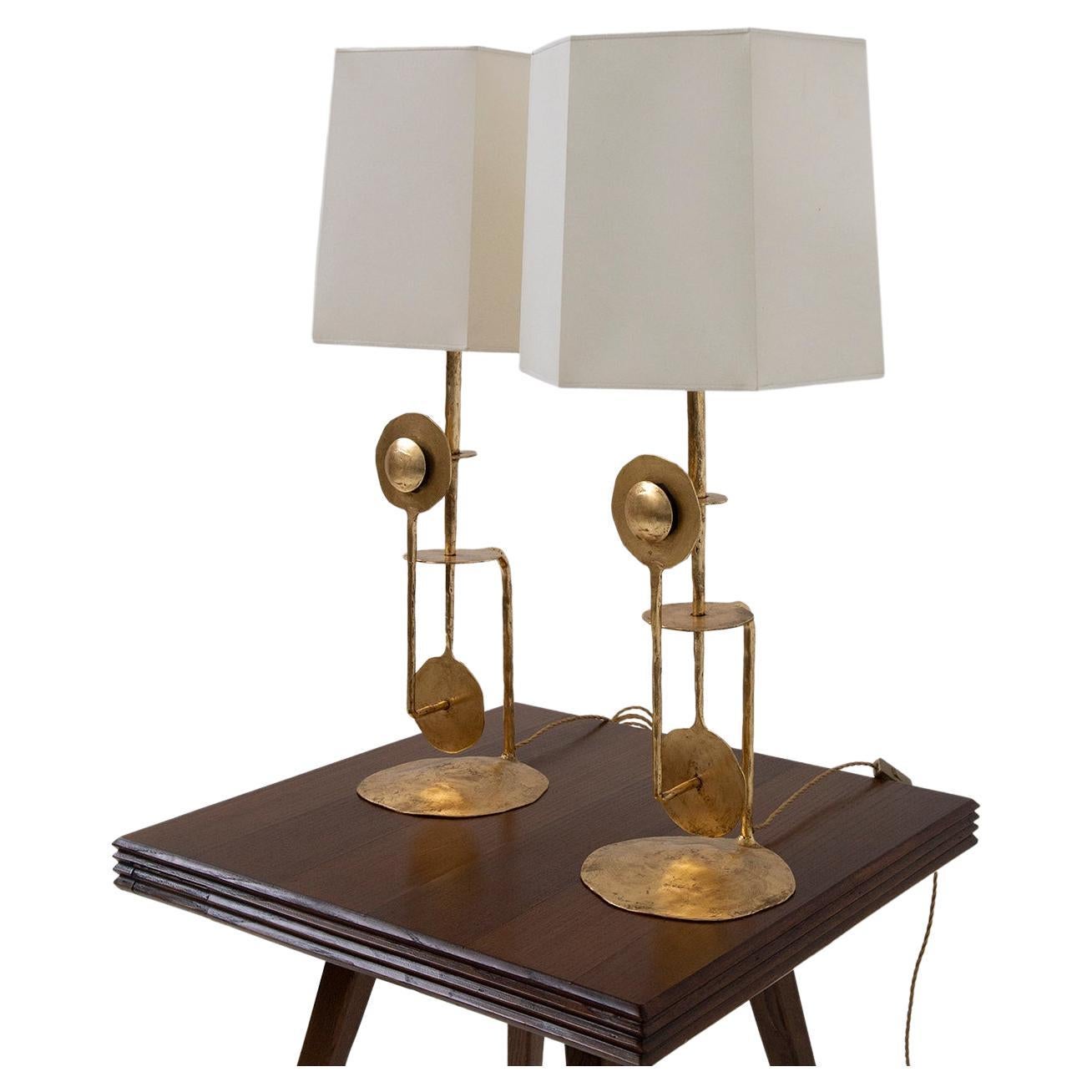 Pair of Italian Brutalist table lamps in gilded metal