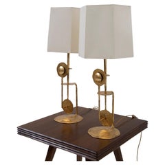 Pair of Italian Brutalist table lamps in gilded metal