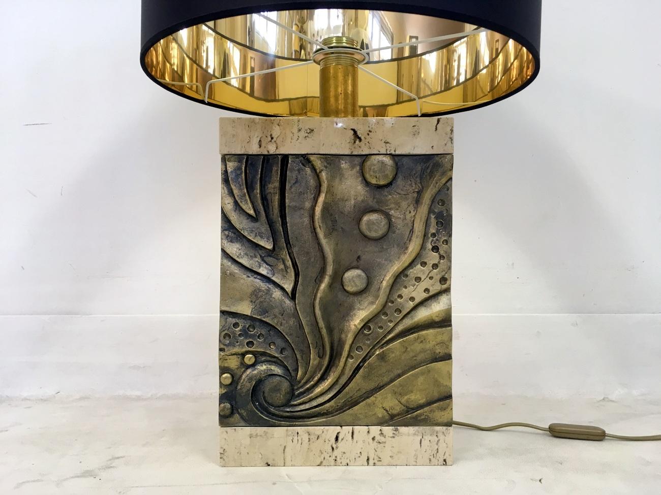 Contemporary Pair of Italian Brutalist Travertine and Bronze Table Lamps
