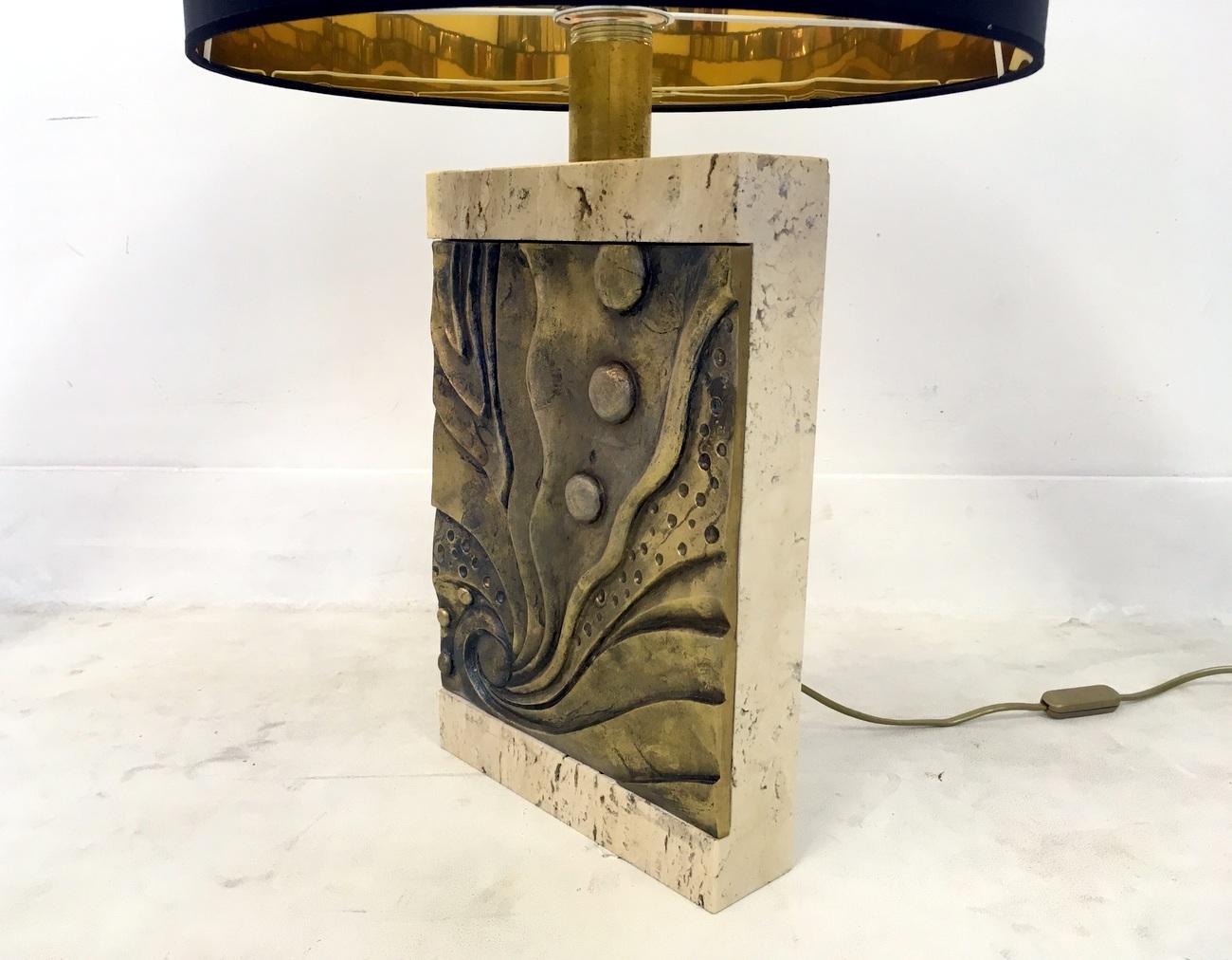 Pair of Italian Brutalist Travertine and Bronze Table Lamps 1