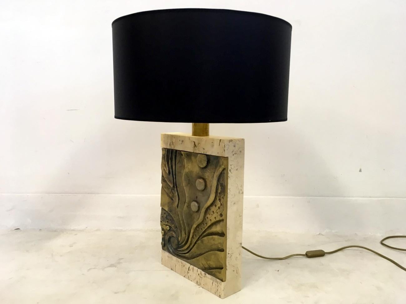 Pair of Italian Brutalist Travertine and Bronze Table Lamps 2