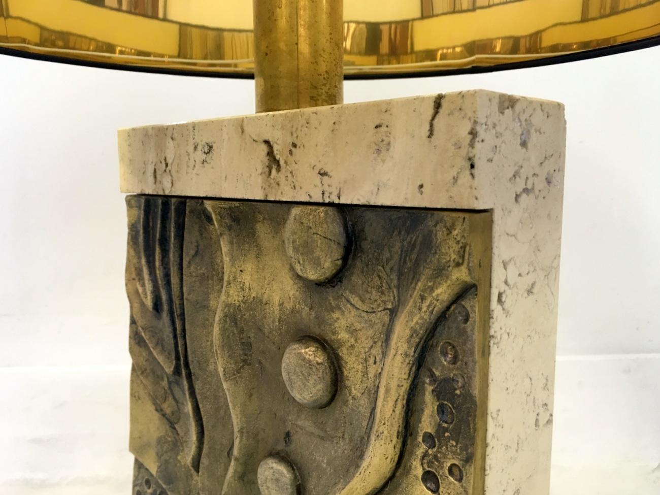 Pair of Italian Brutalist Travertine and Bronze Table Lamps 3