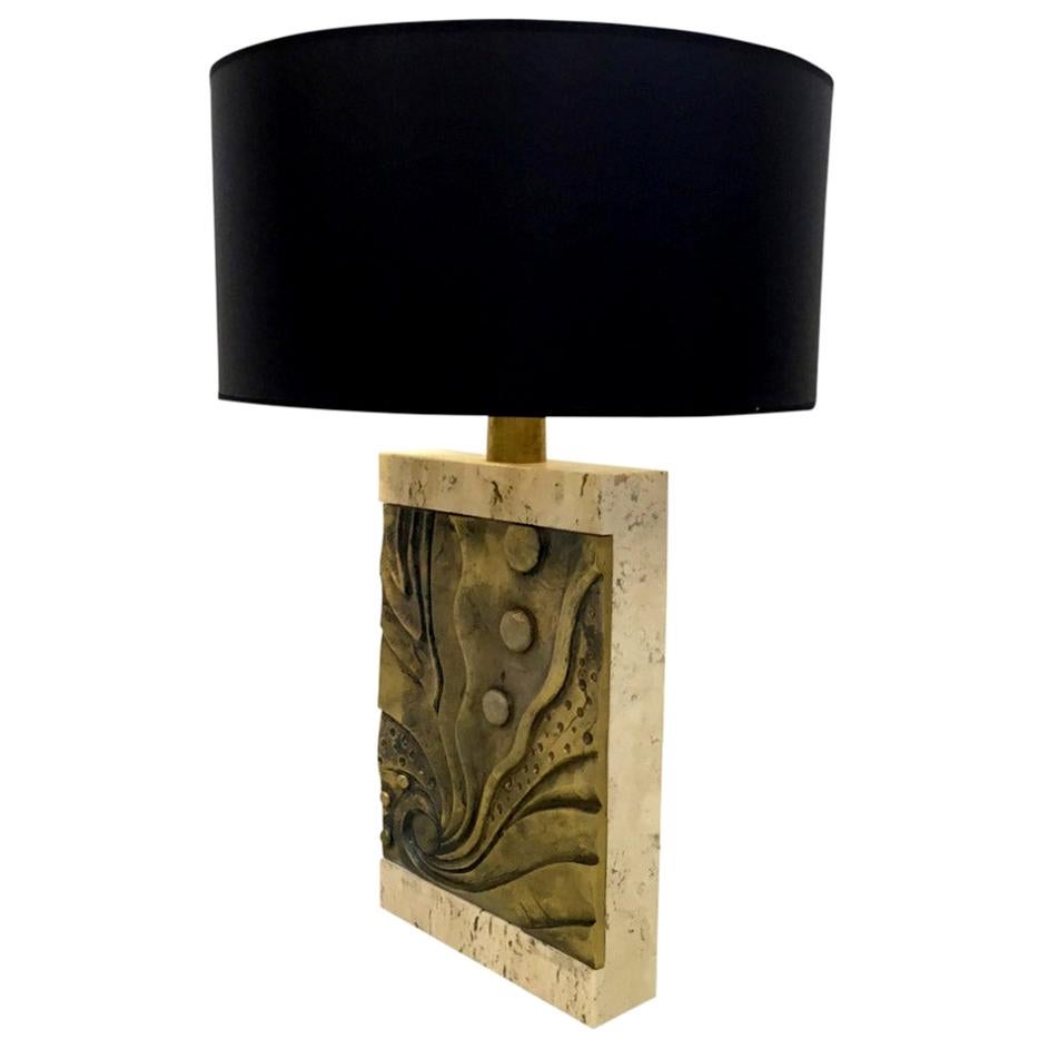 Pair of Italian Brutalist Travertine and Bronze Table Lamps