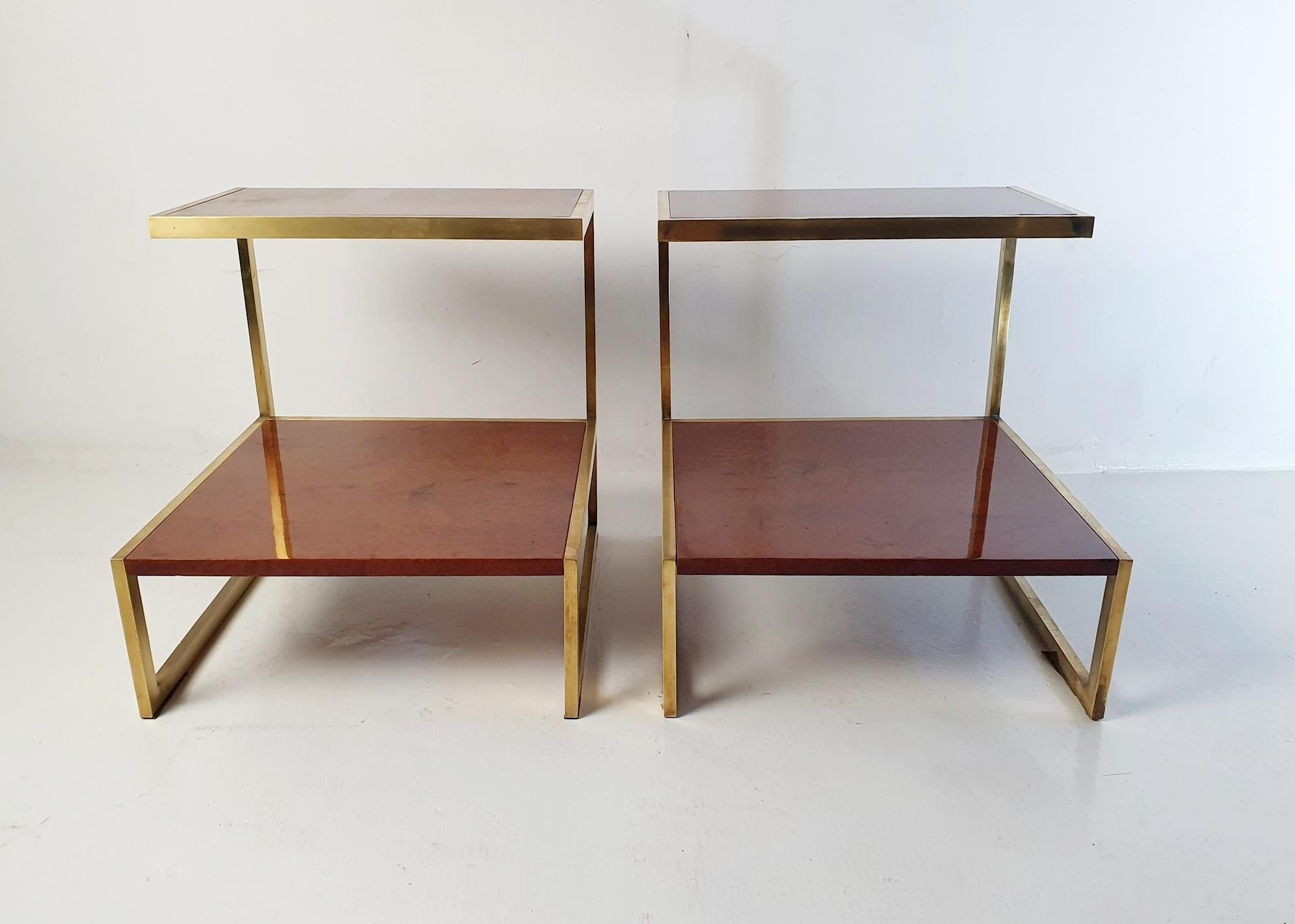 Pair of Italian Burl and Brass Side Tables Italy For Sale 2