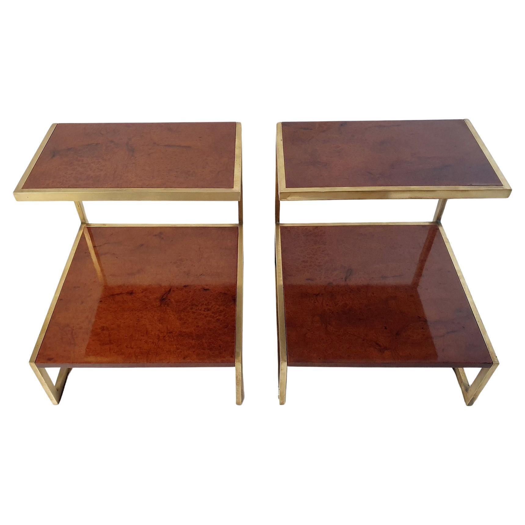 Pair of Italian Burl and Brass Side Tables Italy For Sale