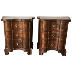 Antique Pair of Italian Burl Walnut and Fruitwood Bedside Commodes, 19th Century