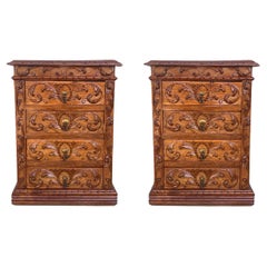 Pair of Italian Burl Walnut and Fruitwood Bedside Commodes, 19th Century