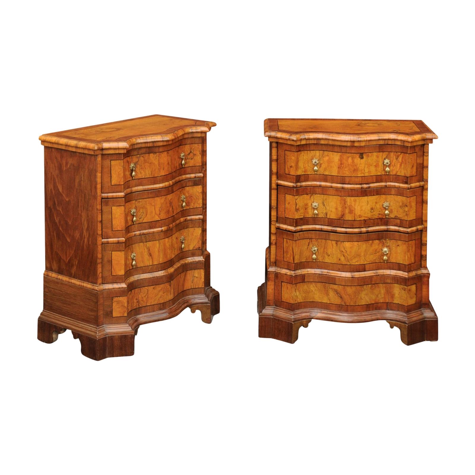 Pair of Italian Burl Walnut Bedside Commodes with Serpentine Front, circa 1890