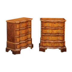 Antique Pair of Italian Burl Walnut Bedside Commodes with Serpentine Front, circa 1890