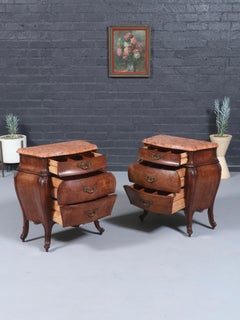 Pair of Italian Burl Walnut & Marble-Top Night Stands by Cav. Emilio Bertini