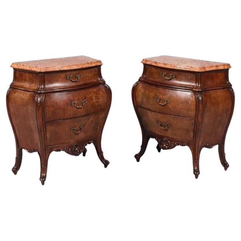 Pair of Italian Burl Walnut 
Marble-Top Night Stands by Cav. Emilio Bertini