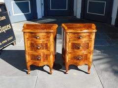 Pair of Italian Burl Walnut Serpentine Inlaid Commodes on Cabriole Legs, C. 1840