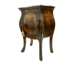 Pair of Italian Burl Wood Inlaid Bombe Commodes / Nightstands with Marble Top