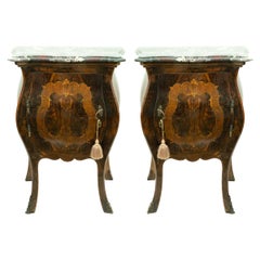 Pair of Italian Burl Wood Inlaid Bombe Commodes / Nightstands with Marble Top