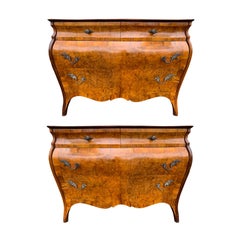 Pair of Italian Burled Olive Wood Bombe Four-Drawer Chests, circa 1950-1960s
