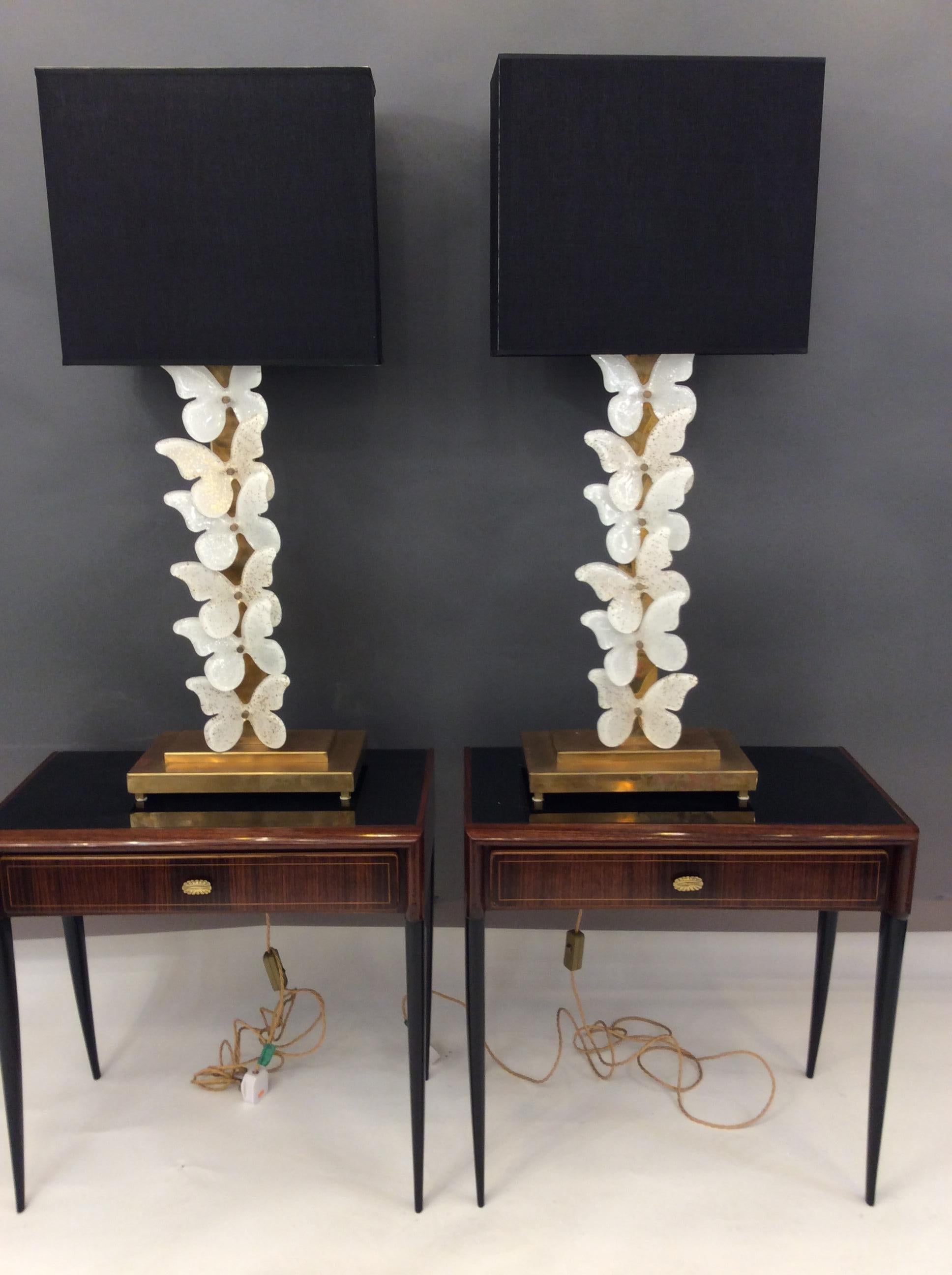 Pair of Italian Butterfly Table Lamps Murano Glass and Brass, circa 1970 5