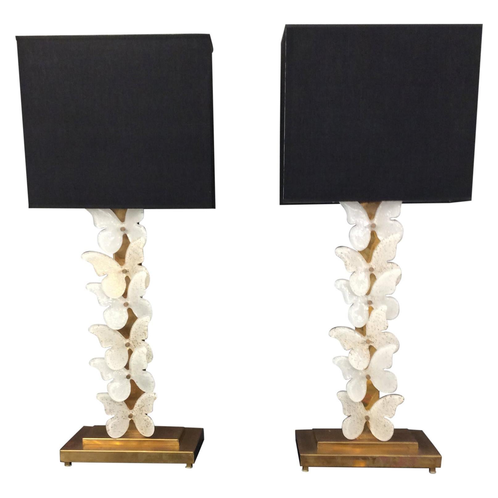 Pair of Italian Butterfly Table Lamps Murano Glass and Brass, circa 1970